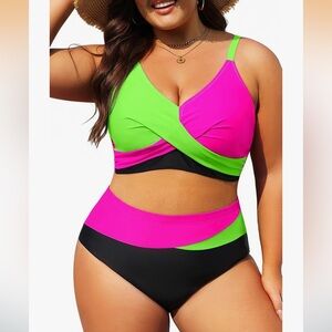 Two Piece Bikini Set 22W High Waisted Tummy Control V Neck Green Pink Black NEW